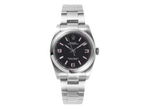 Oyster Perpetual 36 Stainless Steel watch with black dial, pink Arabic numeral indices, and polished silver bracelet.