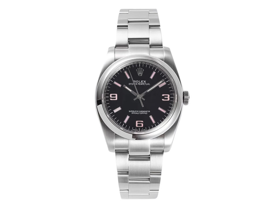 Oyster Perpetual 36 Stainless Steel watch with black dial, pink Arabic numeral indices, and polished silver bracelet.
