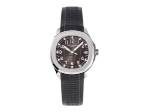 Aquanaut Stainless Steel watch with a black textured dial, 38mm case, and matching black rubber strap.