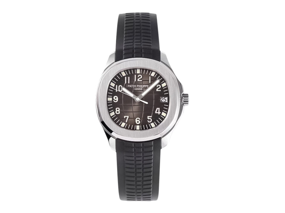 Aquanaut Stainless Steel watch with a black textured dial, 38mm case, and matching black rubber strap.