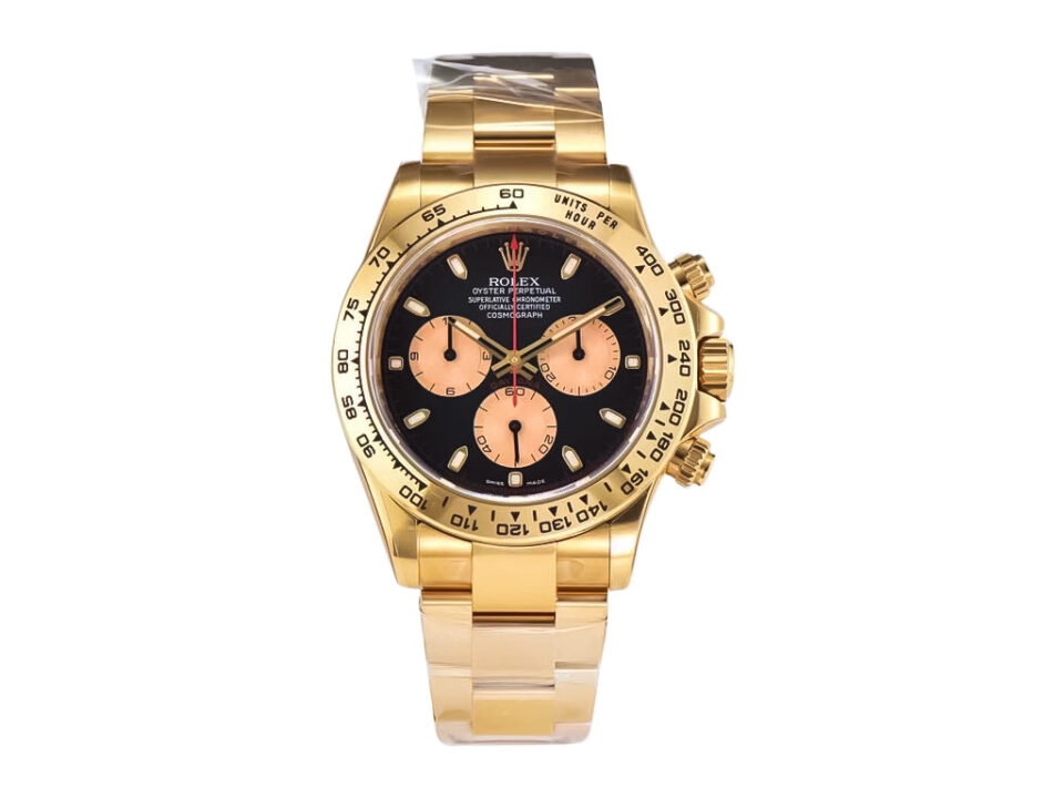 Cosmograph Daytona Yellow Gold ‘Paul Newman’ watch with black dial, gold case, and champagne subdials on a gold bracelet.
