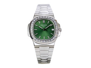Nautilus Stainless Steel watch with green dial, diamond bezel, and 40mm case displayed on a product page.