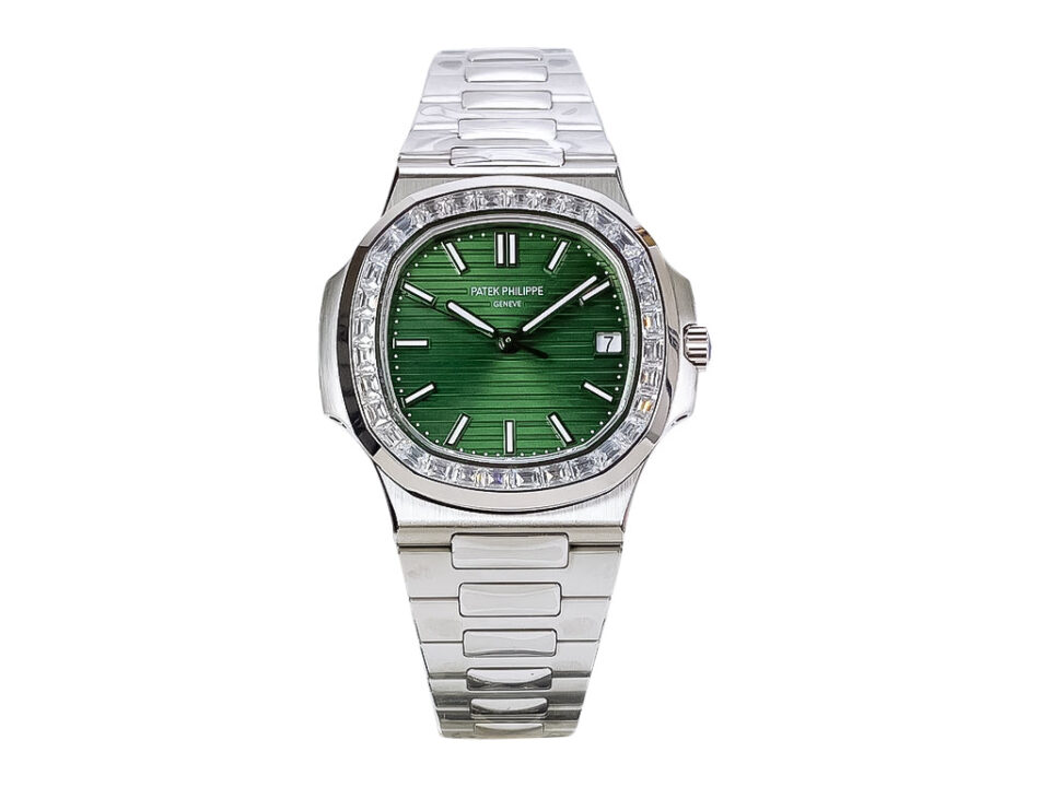 Nautilus Stainless Steel watch with green dial, diamond bezel, and 40mm case displayed on a product page.