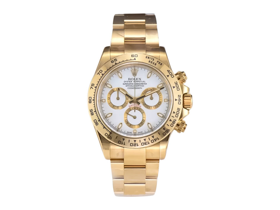 Cosmograph Daytona Yellow Gold watch with white dial, gold bracelet, and three subdials displayed on a product page.
