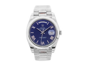 Day-Date 40 White Gold 'President' watch with blue Roman numeral dial, fluted bezel, and white gold bracelet.