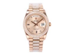 Day-Date 36 Rose Gold 'President' watch with Diamond Rose Dial, Diamond Bezel, and polished rose gold bracelet.