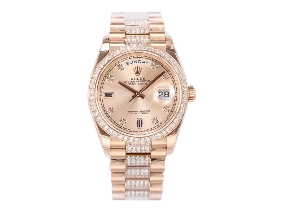Day-Date 36 Rose Gold 'President' watch with Diamond Rose Dial, Diamond Bezel, and polished rose gold bracelet.