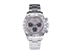 Cosmograph Daytona Stainless Steel watch with a grey sunburst dial, three subdials, and polished silver bracelet.