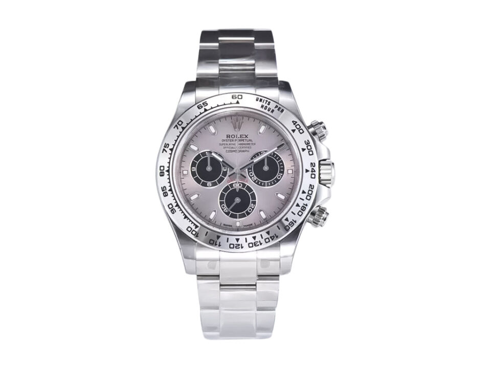 Cosmograph Daytona Stainless Steel watch with a grey sunburst dial, three subdials, and polished silver bracelet.
