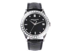 Calatrava Stainless Steel watch, Diamond Black Dial, Diamond Bezel (38mm), black leather strap displayed on product page.