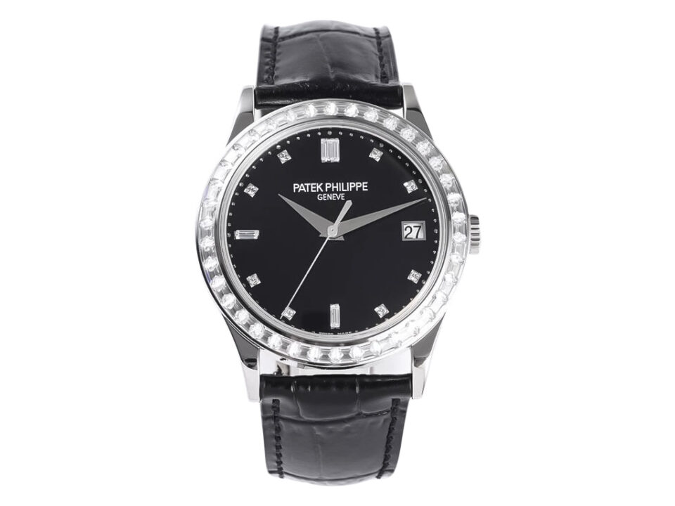 Calatrava Stainless Steel watch, Diamond Black Dial, Diamond Bezel (38mm), black leather strap displayed on product page.