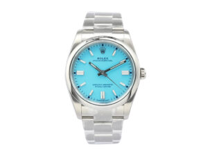 Oyster Perpetual 36 Stainless Steel watch with blue turquoise dial, silver hour markers, and stainless steel bracelet.