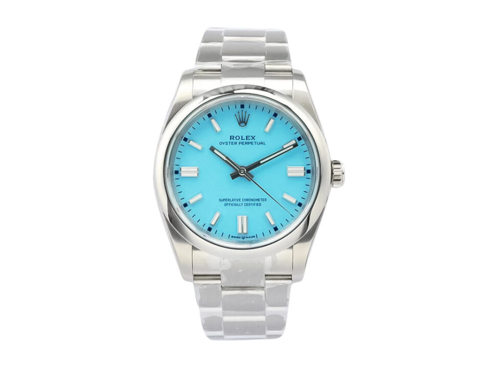 Oyster Perpetual 36 Stainless Steel watch with blue turquoise dial, silver hour markers, and stainless steel bracelet.