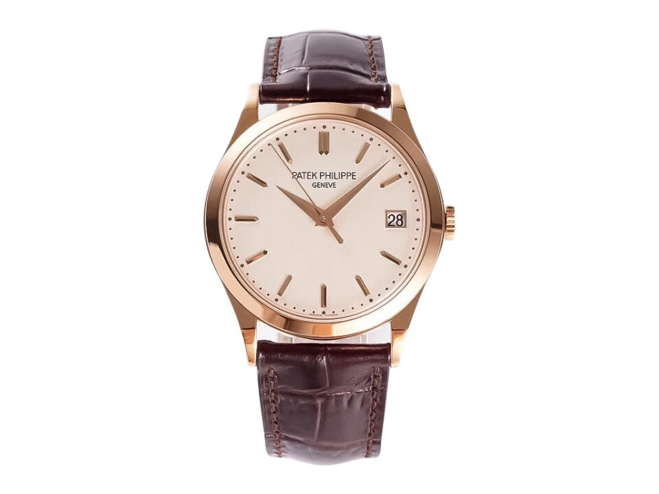 Calatrava Rose Gold with Ivory Dial (38mm) watch featuring a brown leather strap and date display on right side of the dial.