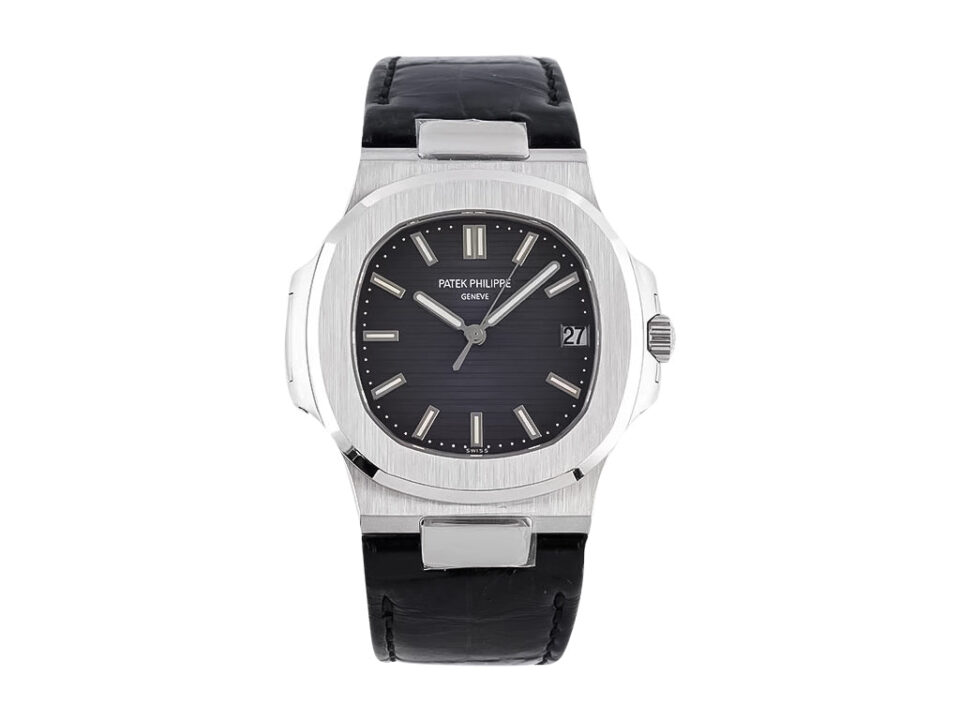 Nautilus stainless steel watch with grey dial, silver hour markers, date display, and black leather strap (40mm).
