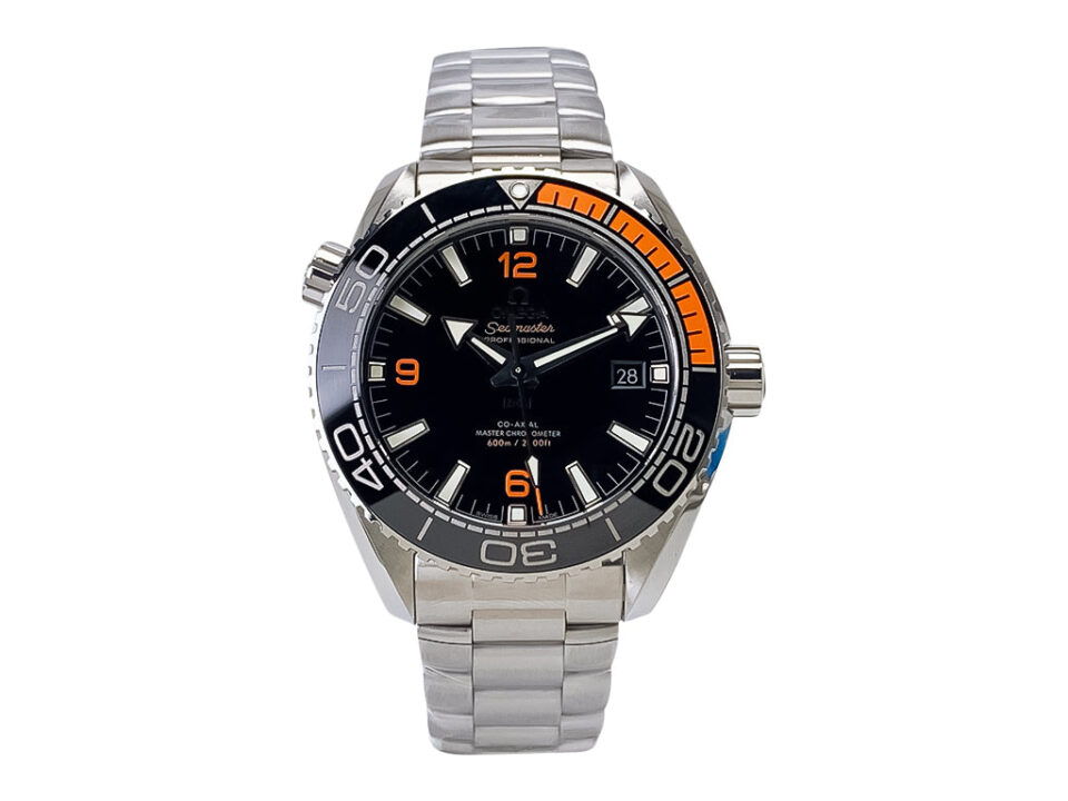 Seamaster Planet Ocean 600 with Black Dial (43.5mm) featuring a stainless steel bracelet and orange accents on the bezel.