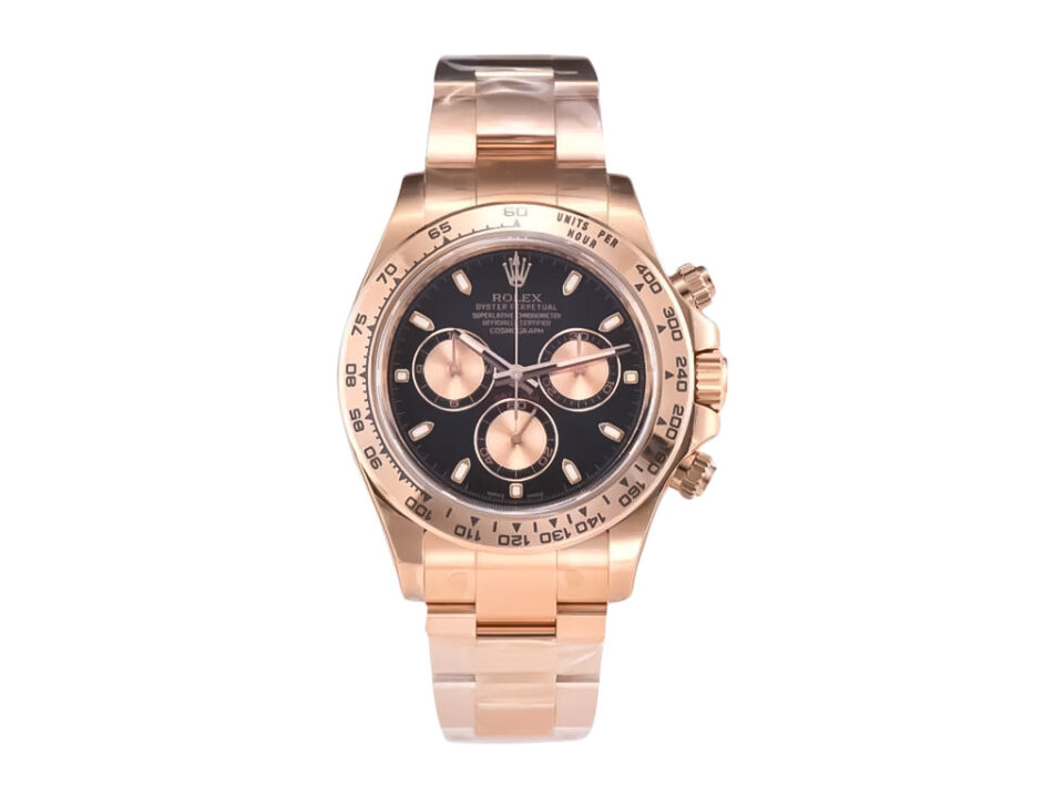 Cosmograph Daytona Rose Gold with Black Dial, featuring a polished rose gold bracelet and three sub-dials.