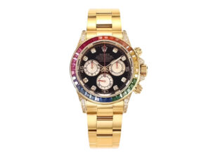 Cosmograph Daytona Yellow Gold 'Rainbow' watch with diamond bezel, black dial, and multicolored sapphire-set accents.