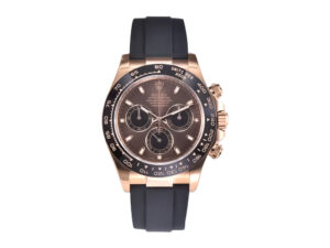 Cosmograph Daytona Rose Gold Oysterflex with Chocolate Dial, featuring a black rubber strap and chronograph sub-dials.