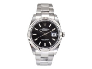 Datejust 41 Stainless Steel watch with Oyster bracelet, black dial, and fluted bezel displayed against a white background.