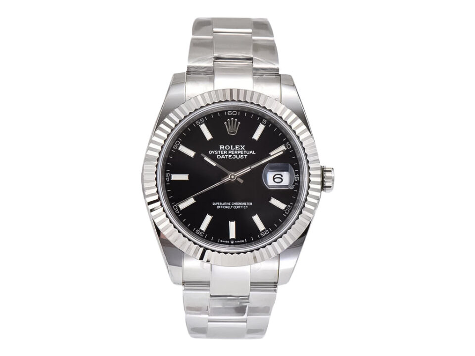 Datejust 41 Stainless Steel watch with Oyster bracelet, black dial, and fluted bezel displayed against a white background.
