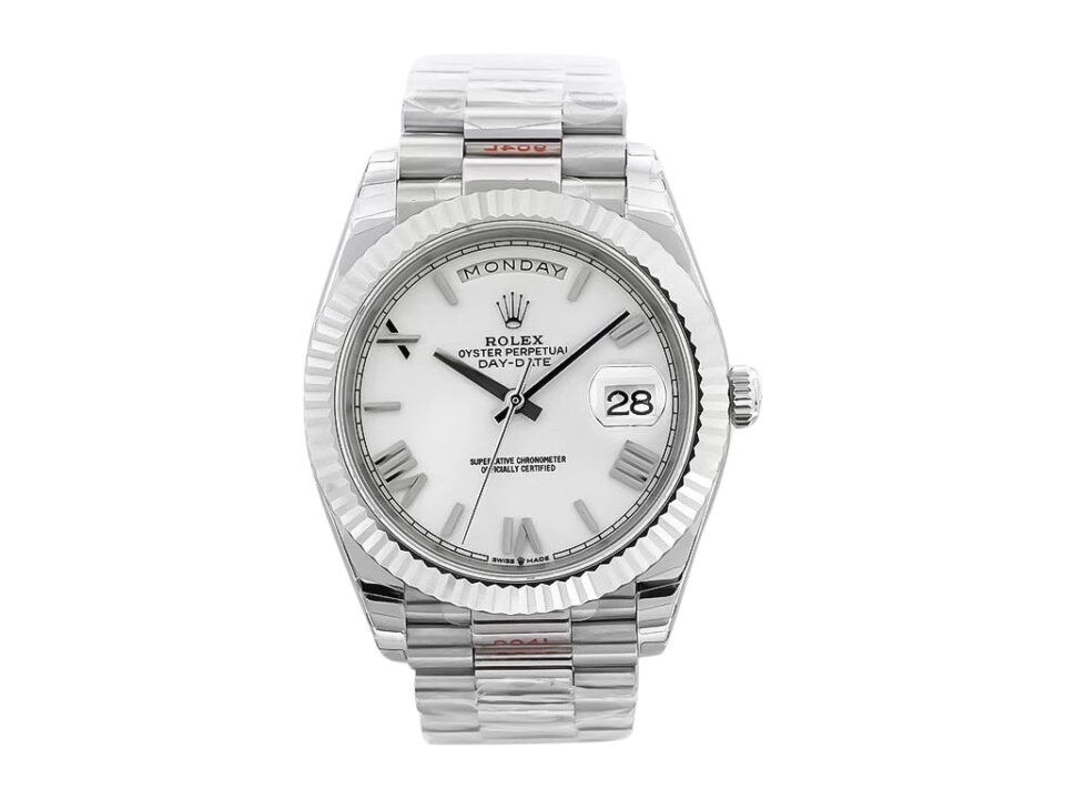 Day-Date 40 White Gold ‘President’ watch with white Roman numeral dial, fluted bezel, and polished bracelet.