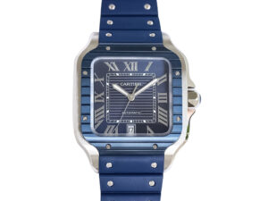 Santos Large Stainless Steel watch with blue dial, blue bezel, and rubber strap (40mm) displayed on a product page.