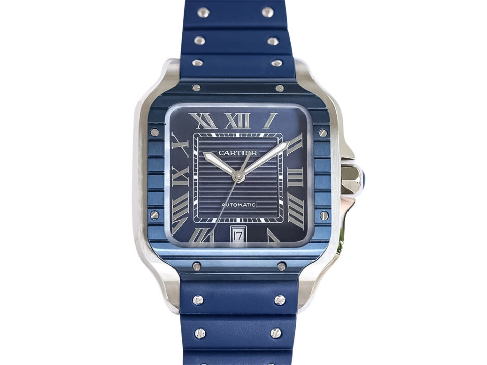 Santos Large Stainless Steel watch with blue dial, blue bezel, and rubber strap (40mm) displayed on a product page.