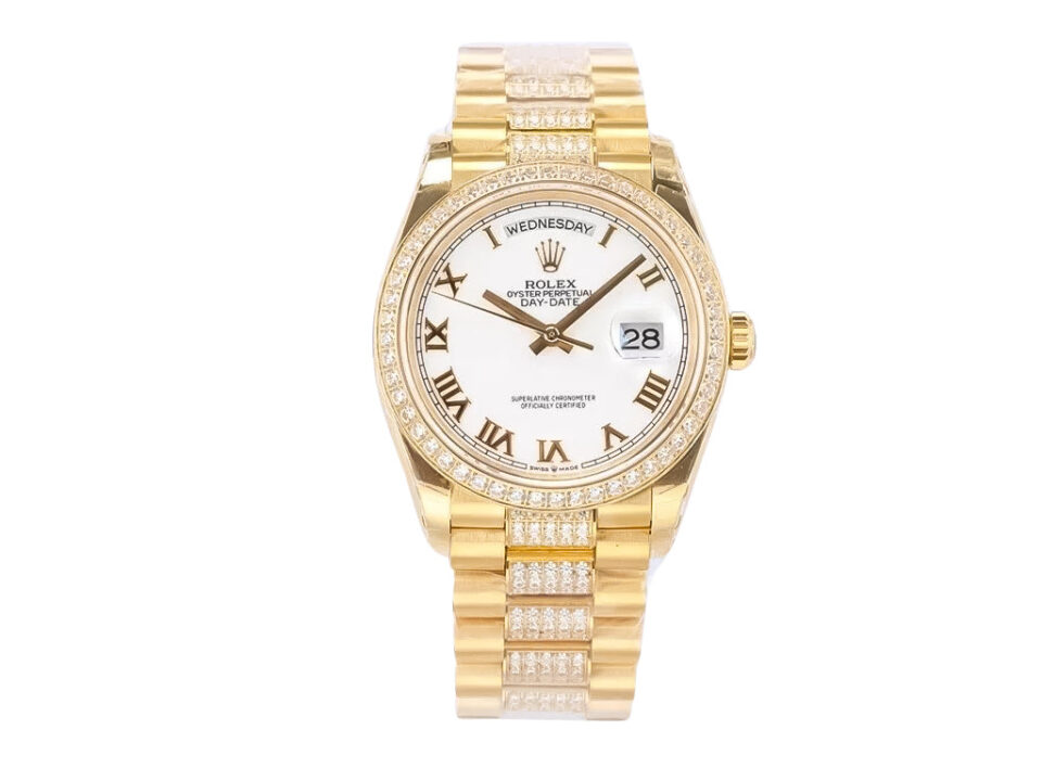 Day-Date 36 Yellow Gold ‘President’ watch with white dial, diamond bezel, and Roman numerals on a gold bracelet.