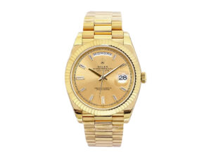 Day-Date 40 Yellow Gold 'President' watch with Champagne Diamond Dial, Fluted Bezel, and signature gold bracelet.