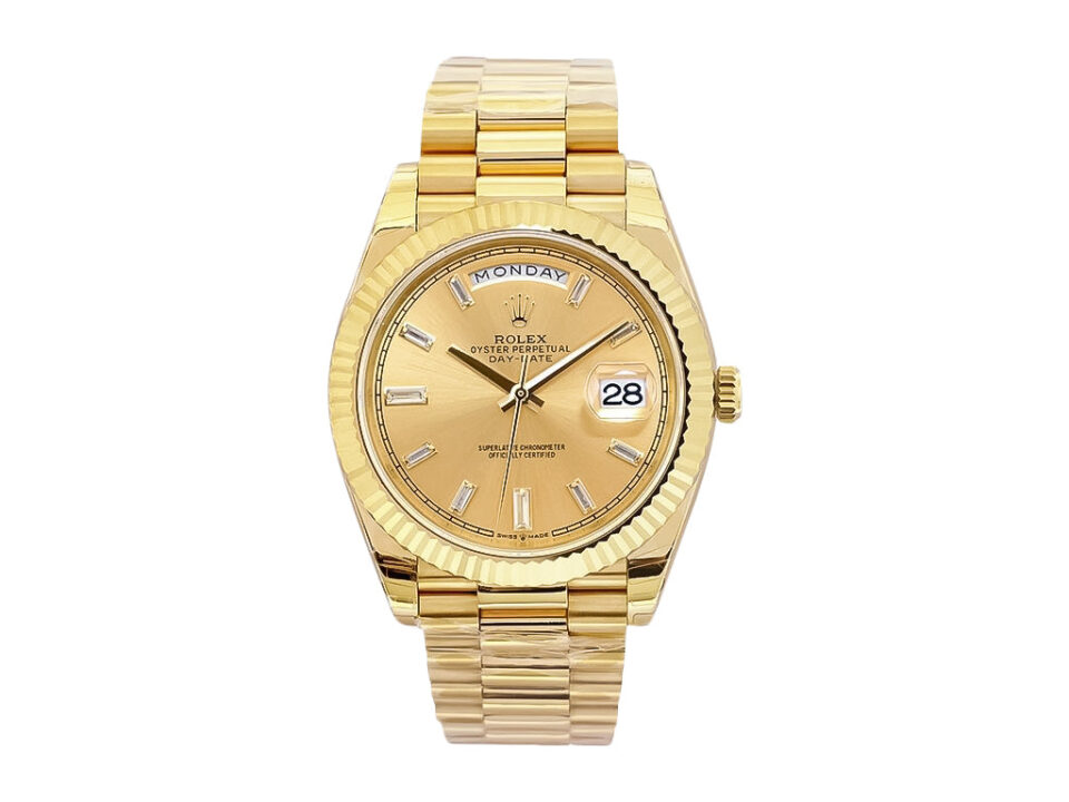 Day-Date 40 Yellow Gold 'President' watch with Champagne Diamond Dial, Fluted Bezel, and signature gold bracelet.