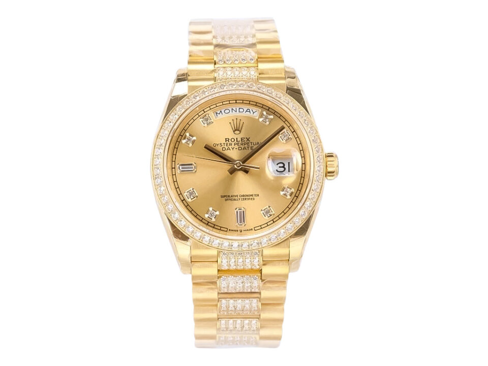 Day-Date 36 Yellow Gold 'President' watch with Diamond Champagne Dial, Diamond Bezel, and polished gold bracelet.