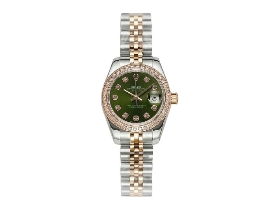 Lady-Datejust 28 Two Tone Rose Gold watch on Jubilee bracelet with green diamond dial and diamond bezel, elegant design.