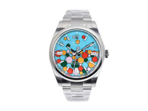 Oyster Perpetual 41 stainless steel watch with turquoise dial featuring a colorful celebration motif, displayed front-facing.