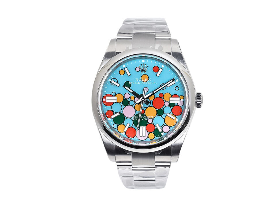 Oyster Perpetual 41 stainless steel watch with turquoise dial featuring a colorful celebration motif, displayed front-facing.