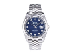 Datejust 41 Stainless Steel on Jubilee bracelet with Diamond Blue Dial and Fluted Bezel, featuring date display at 3 o’clock.