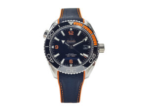 Seamaster Planet Ocean 600 watch with blue dial, orange accents, and rubber strap (43.5mm), featuring a robust sporty design.