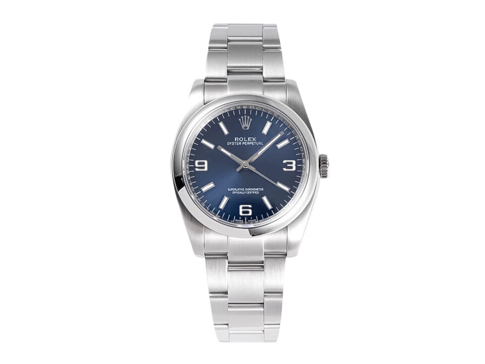 Oyster Perpetual 36 Stainless Steel watch with blue dial featuring Arabic numerals, displayed on a silver bracelet.
