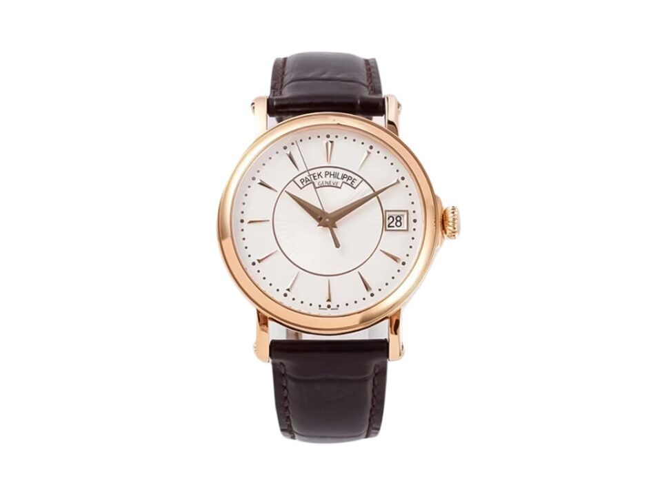 Calatrava Rose Gold with Silver Guilloche Dial (38mm) featuring round case, black leather strap, date display at 3 o’clock.