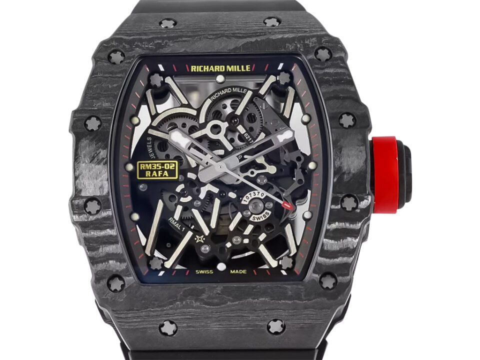 RM 35-02 Rafa watch with black carbon bezel, red markers, skeleton dial design, and a black rubber strap (49mm).