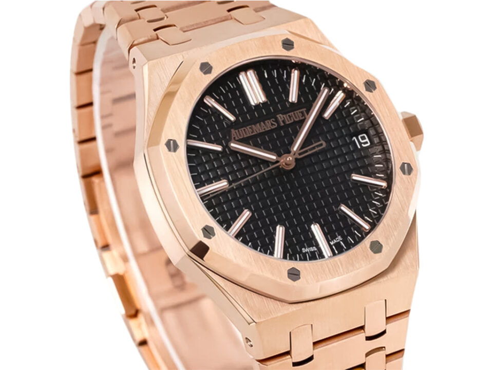 Royal Oak Pink Gold ’50th Anniversary’ 41mm watch with black dial, date display, and integrated bracelet.