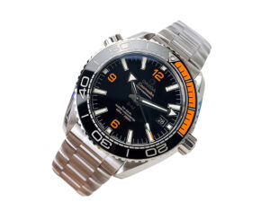 Seamaster Planet Ocean 600 with Black Dial (43.5mm), featuring orange accents, stainless steel case, and bracelet.