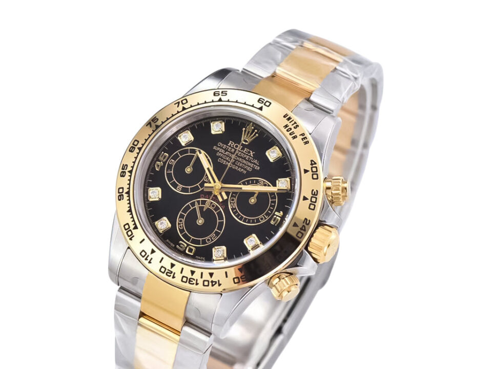 Cosmograph Daytona Two Tone Yellow Gold & Steel with Diamond Black Dial, featuring sleek design and precision craftsmanship.