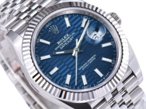 Datejust 41 Stainless Steel with Jubilee bracelet, fluted bezel, and blue dial featuring a textured motif and date display.