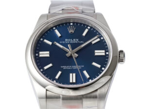 Oyster Perpetual 41 Stainless Steel watch with a blue dial, luminous hour markers, and a polished stainless steel case.