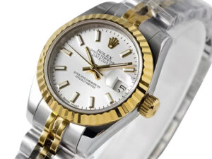 Lady-Datejust 28 Two Tone Yellow Gold on Jubilee with Silver Dial and Fluted Bezel, showcasing elegant design features.