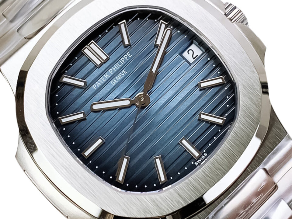 Close-up of Nautilus Stainless Steel watch with a 40mm case, featuring a blue dial, silver hands, and hour markers.