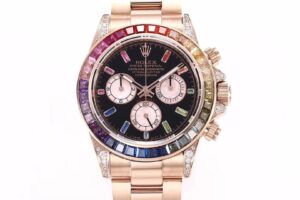 Cosmograph Daytona Rose Gold ‘Rainbow’ with Diamond Bezel featuring multicolor gemstone accents on a black dial.