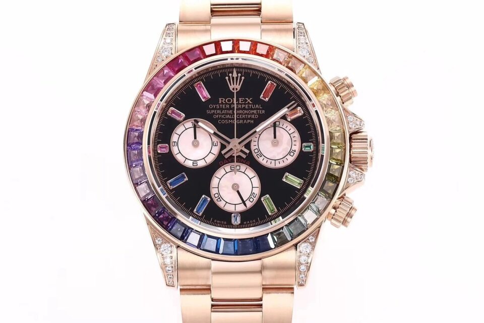 Cosmograph Daytona Rose Gold ‘Rainbow’ with Diamond Bezel featuring multicolor gemstone accents on a black dial.