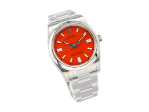 Oyster Perpetual 36 Stainless Steel watch with a vibrant red dial, index hour markers, and polished oyster bracelet.